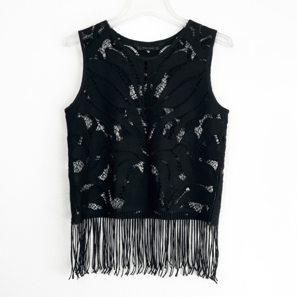 Zara Tops - Zara Basic Sheer Lace Fringe Sleeveless Top Women's Small Black Boho